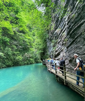 Tourists are hiking along the wooden boardwalk at the bottom of Zhangjiajie Grand Canyon.