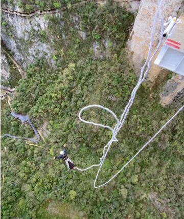 The bungee jumper is now suspended in mid-air.