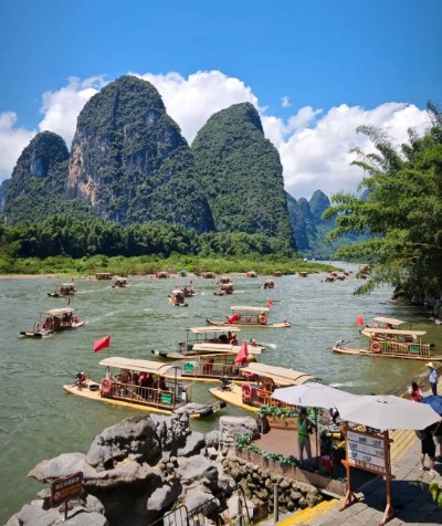 Bamboo rafts along the Li River in Guilin.