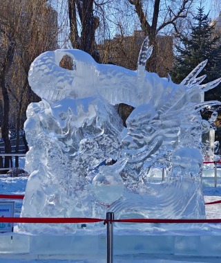 A traditional Chinese dragon-shaped ice sculpture at the Harbin Ice and Snow Festival.