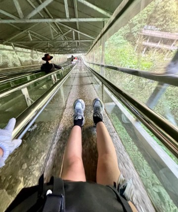 Tourists wearing gloves are sliding down the slide in Zhangjiajie Grand Canyon.