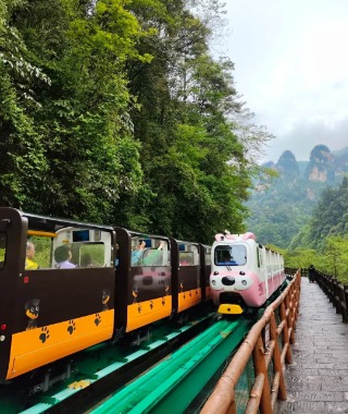 Tourists are sitting on the Ten-Mile Gallery sightseeing train, enjoying the views of Zhangjiajie National Forest Park.